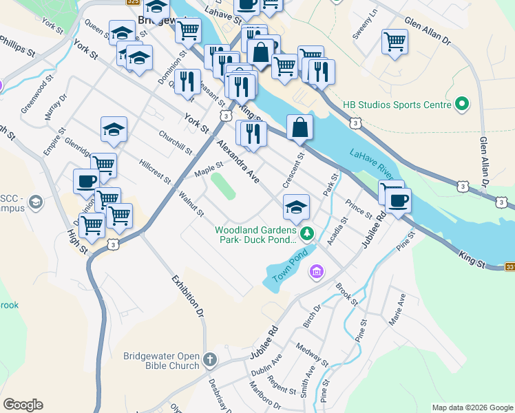 map of restaurants, bars, coffee shops, grocery stores, and more near 96 Crescent Street in Bridgewater