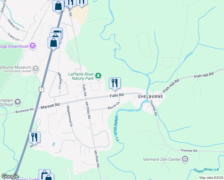 map of restaurants, bars, coffee shops, grocery stores, and more near 50 Brentwood Drive in Shelburne