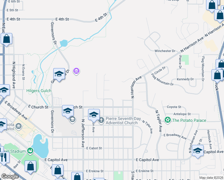 map of restaurants, bars, coffee shops, grocery stores, and more near North Monroe Avenue in Pierre