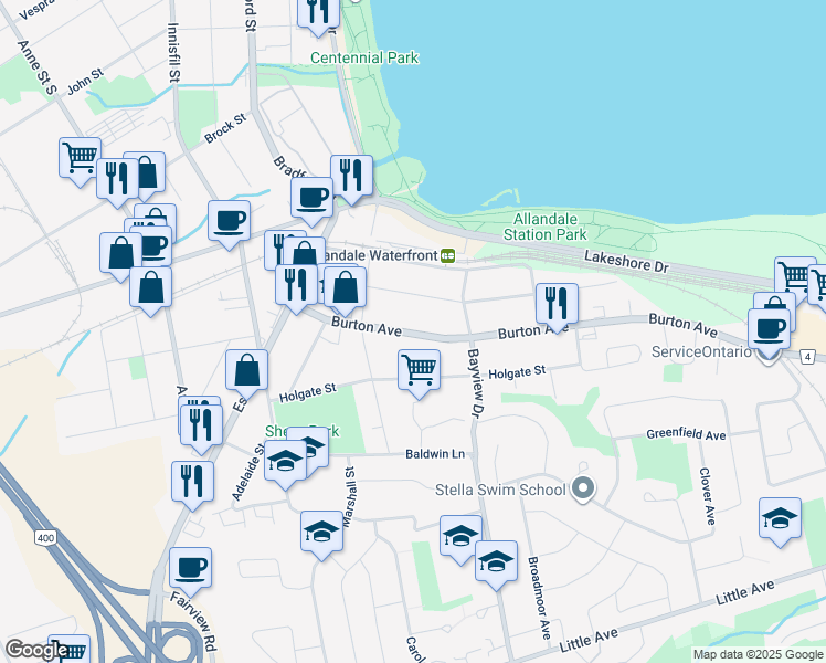 map of restaurants, bars, coffee shops, grocery stores, and more near in Barrie