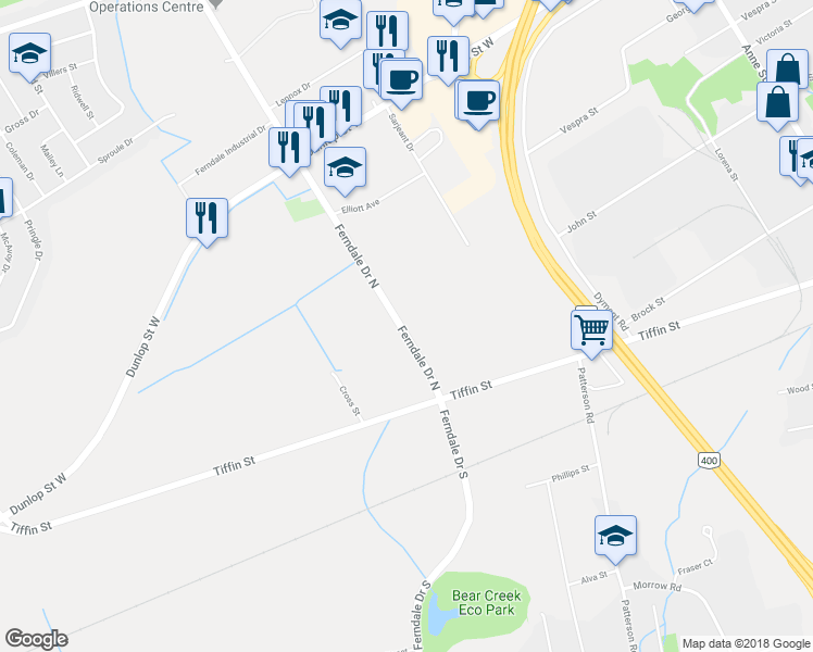 map of restaurants, bars, coffee shops, grocery stores, and more near 33 Ferndale Drive North in Barrie