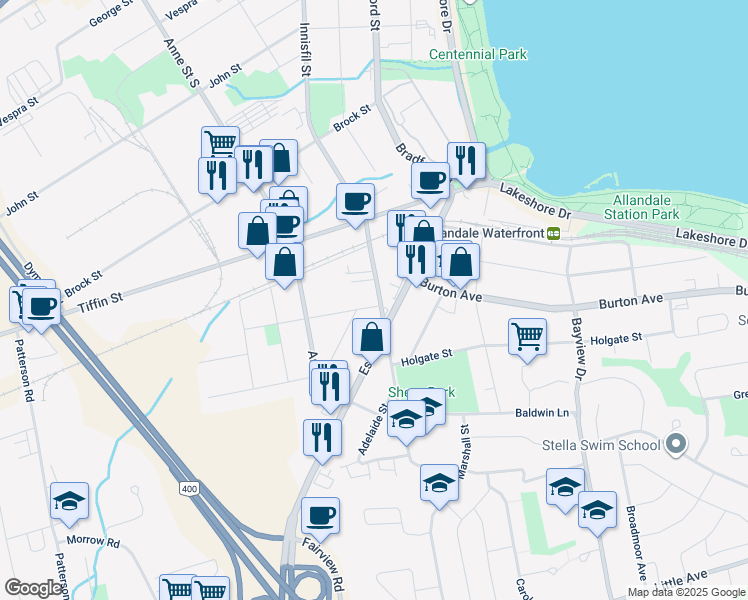 map of restaurants, bars, coffee shops, grocery stores, and more near 2 Caroline Street in Barrie
