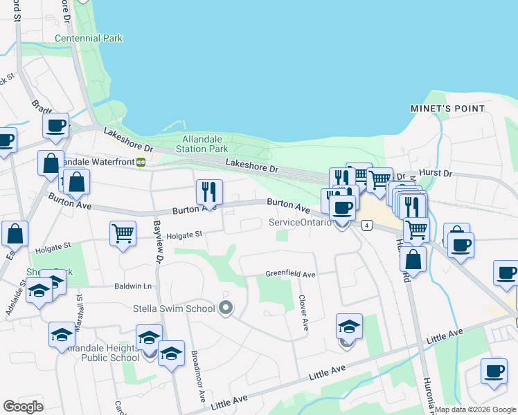 map of restaurants, bars, coffee shops, grocery stores, and more near in Barrie