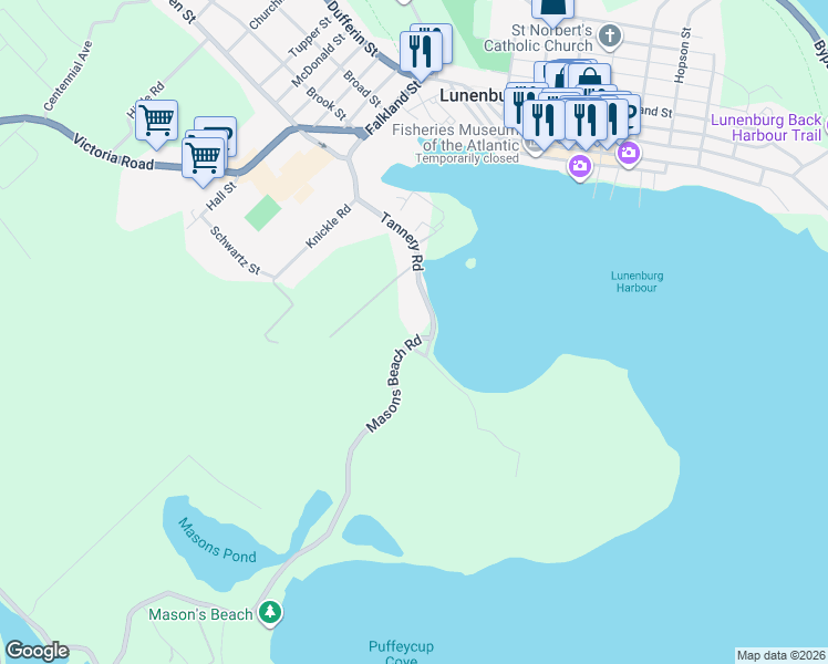 map of restaurants, bars, coffee shops, grocery stores, and more near 6 Masons Beach Road in Lunenburg