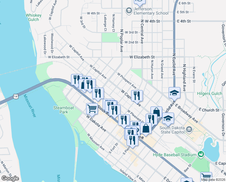 map of restaurants, bars, coffee shops, grocery stores, and more near South Oneida Avenue in Pierre