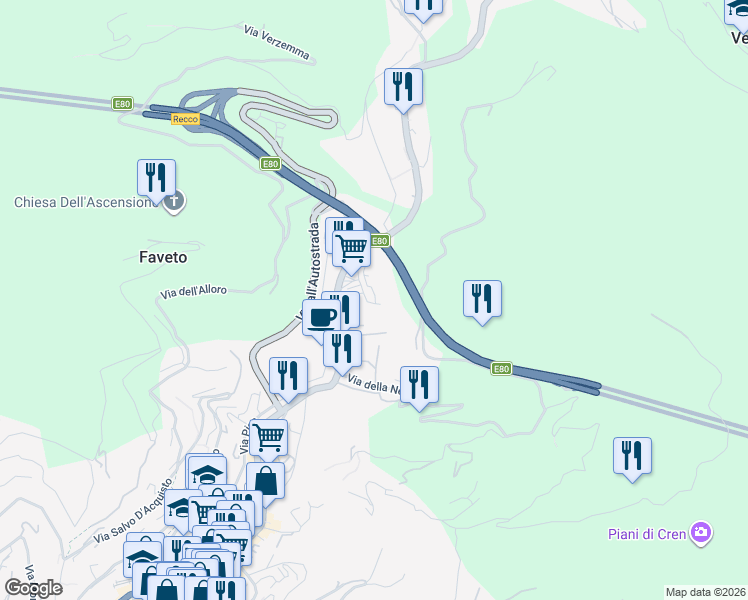 map of restaurants, bars, coffee shops, grocery stores, and more near 9 Via delle Torri in Recco