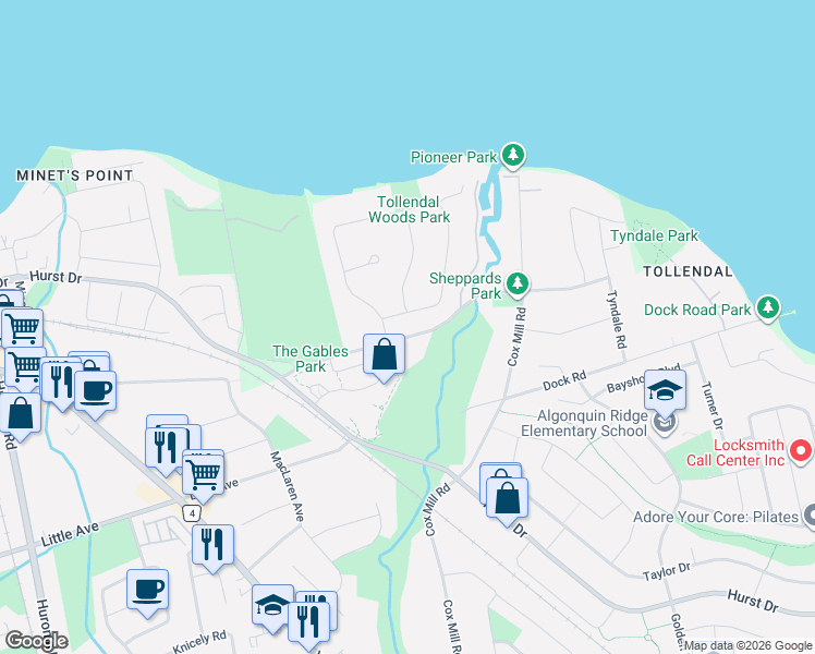 map of restaurants, bars, coffee shops, grocery stores, and more near 76 Royal Oak Drive in Barrie