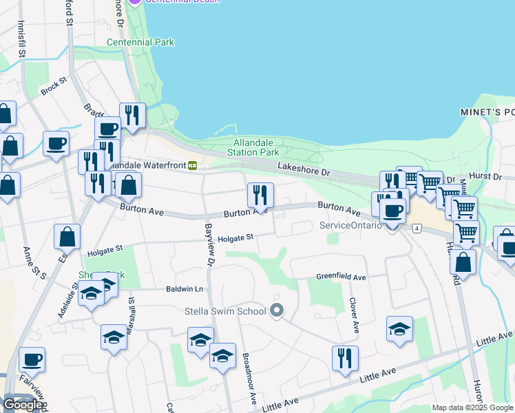 map of restaurants, bars, coffee shops, grocery stores, and more near 143 Burton Avenue in Barrie