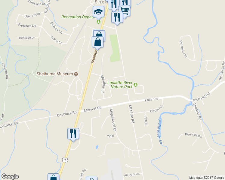 map of restaurants, bars, coffee shops, grocery stores, and more near 61 Timber Lane in Shelburne