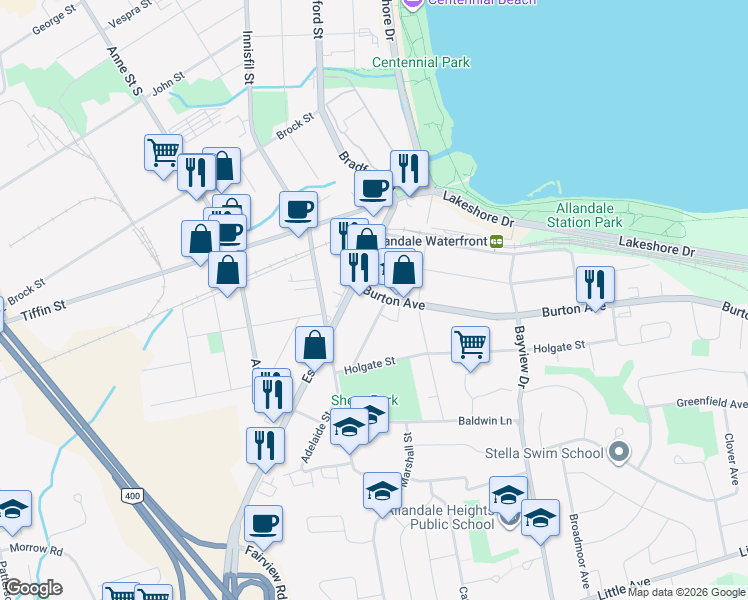 map of restaurants, bars, coffee shops, grocery stores, and more near in Barrie