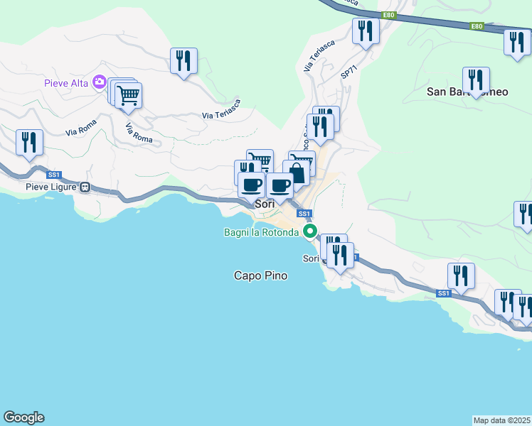 map of restaurants, bars, coffee shops, grocery stores, and more near 21 Via Sant'Erasmo in Sori