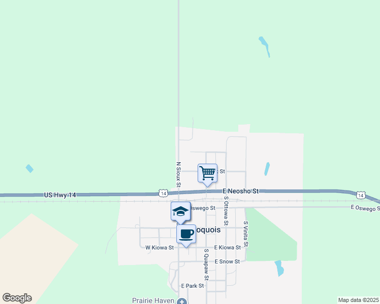 map of restaurants, bars, coffee shops, grocery stores, and more near 129 East Huron Street in Iroquois
