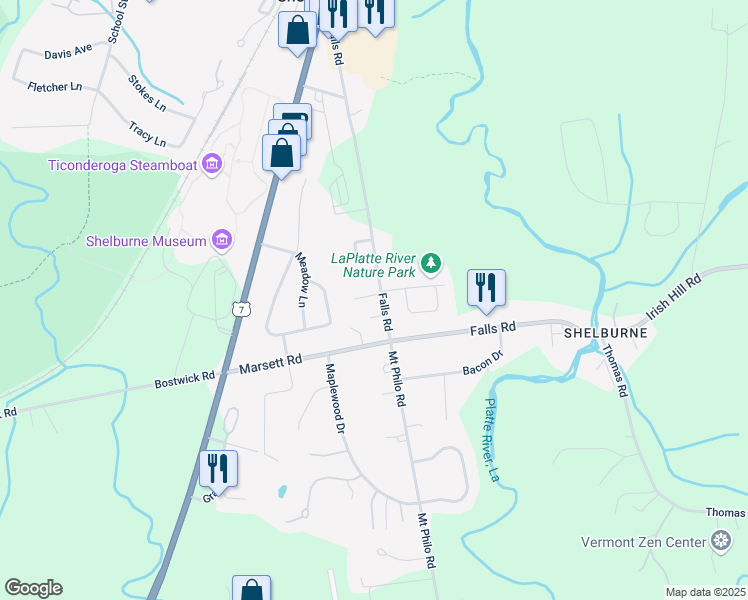 map of restaurants, bars, coffee shops, grocery stores, and more near 636 Falls Road in Shelburne