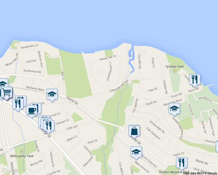 map of restaurants, bars, coffee shops, grocery stores, and more near 76 Royal Oak Drive in Barrie
