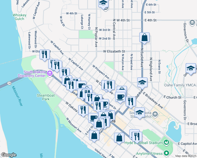 map of restaurants, bars, coffee shops, grocery stores, and more near 401-499 West Capitol Avenue in Pierre