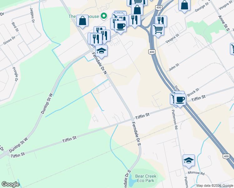 map of restaurants, bars, coffee shops, grocery stores, and more near 33 Ferndale Drive North in Barrie
