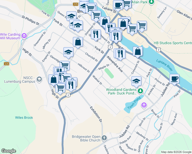 map of restaurants, bars, coffee shops, grocery stores, and more near 19 Walnut Street in Bridgewater