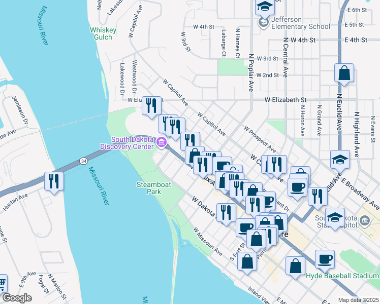 map of restaurants, bars, coffee shops, grocery stores, and more near 700 West Sioux Avenue in Pierre