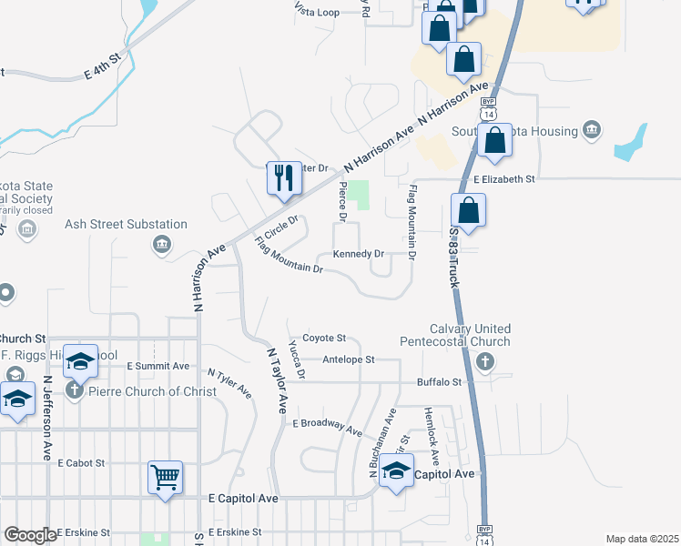 map of restaurants, bars, coffee shops, grocery stores, and more near Flag Mountain Drive in Pierre