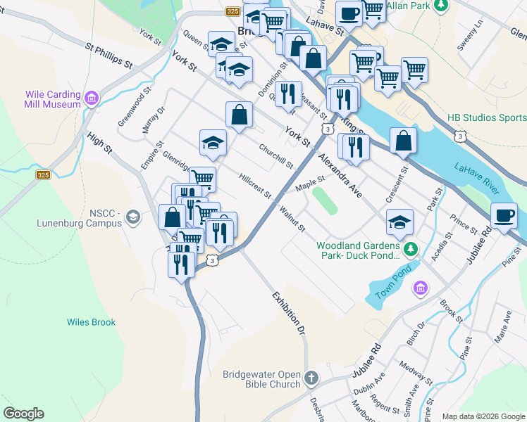 map of restaurants, bars, coffee shops, grocery stores, and more near 158 Dufferin Street in Bridgewater