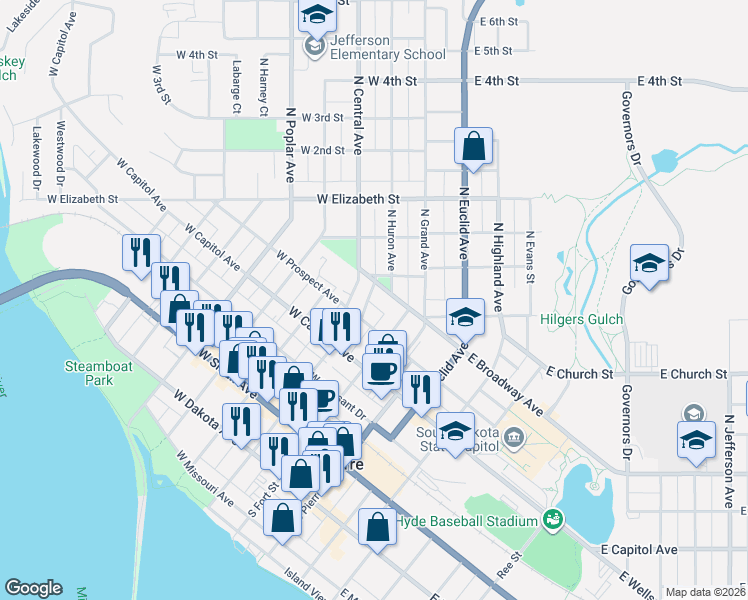 map of restaurants, bars, coffee shops, grocery stores, and more near 215 North Sebree Place in Pierre