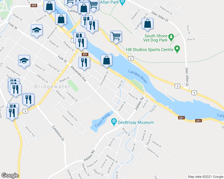 map of restaurants, bars, coffee shops, grocery stores, and more near Scotia Street in Bridgewater