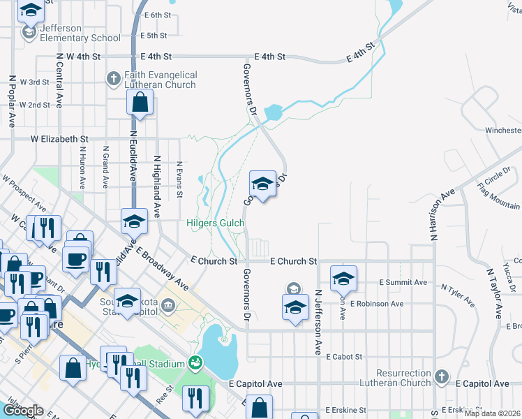 map of restaurants, bars, coffee shops, grocery stores, and more near 800 Governors Drive in Pierre
