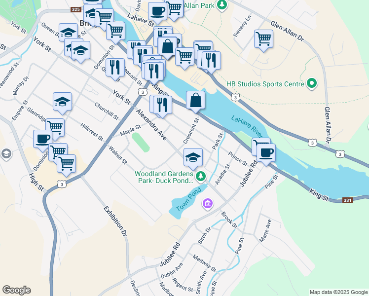 map of restaurants, bars, coffee shops, grocery stores, and more near 163 Crescent Street in Bridgewater