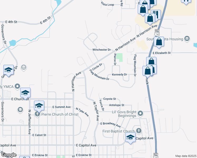 map of restaurants, bars, coffee shops, grocery stores, and more near Flag Mountain Drive in Pierre