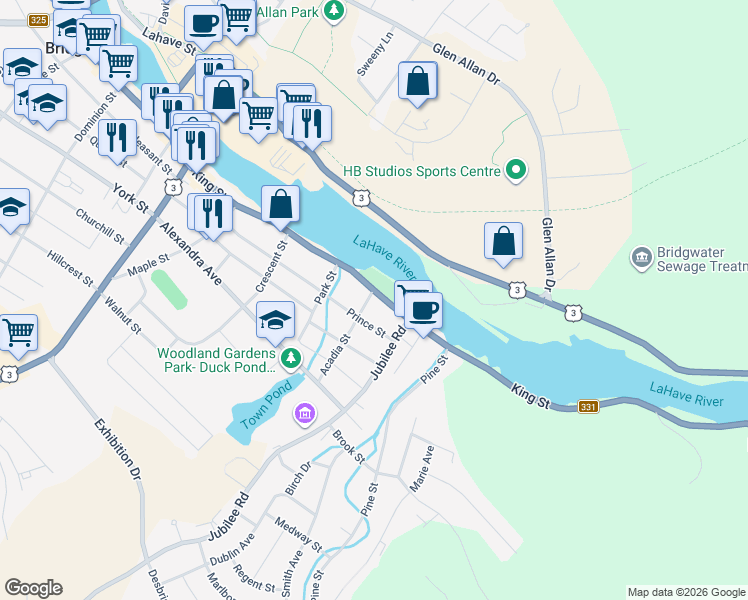 map of restaurants, bars, coffee shops, grocery stores, and more near 185 King Street in Bridgewater