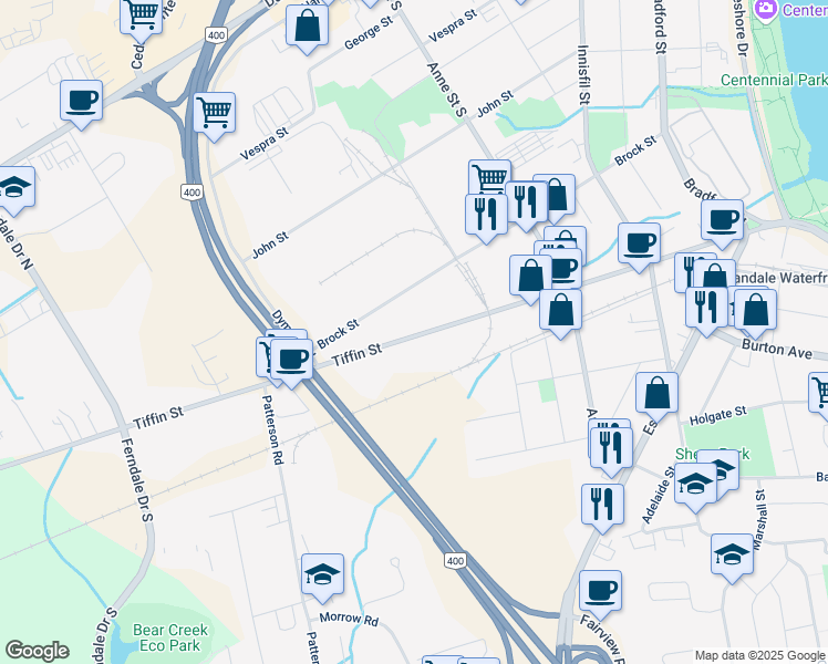 map of restaurants, bars, coffee shops, grocery stores, and more near in Barrie