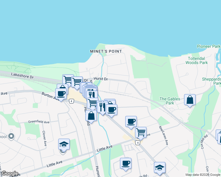 map of restaurants, bars, coffee shops, grocery stores, and more near 21 Wallwins Way in Barrie