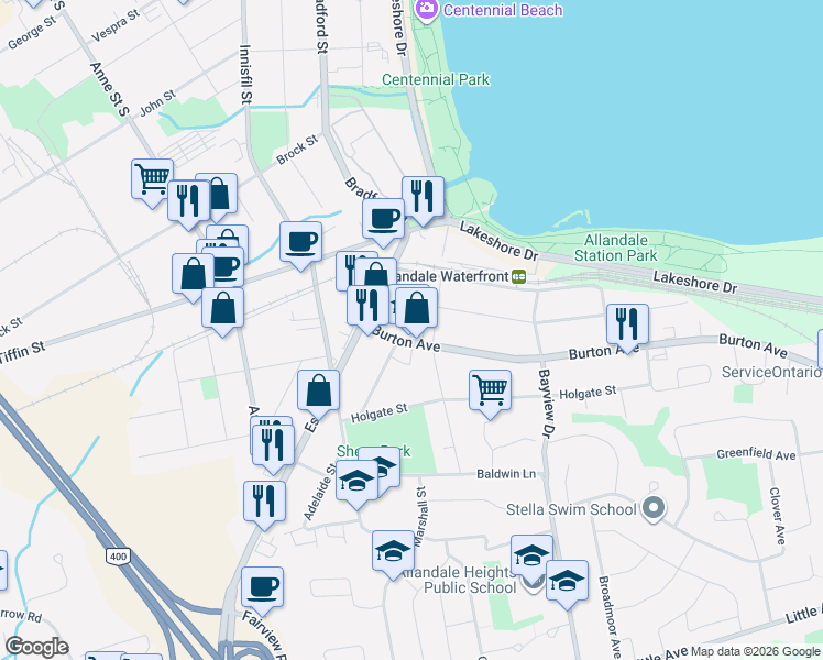 map of restaurants, bars, coffee shops, grocery stores, and more near 25 Burton Avenue in Barrie