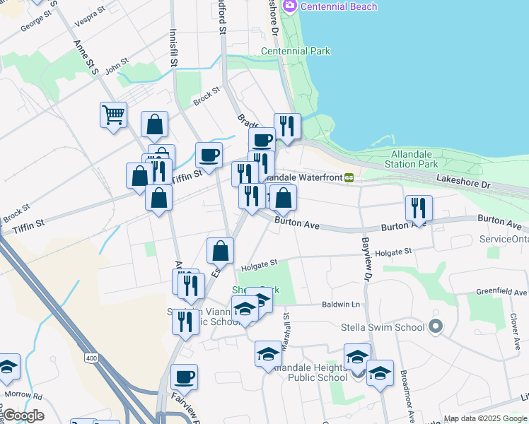 map of restaurants, bars, coffee shops, grocery stores, and more near 11 Burton Avenue in Barrie