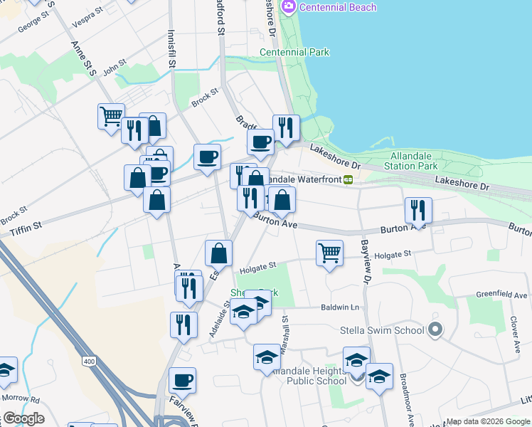 map of restaurants, bars, coffee shops, grocery stores, and more near 15 Burton Avenue in Barrie