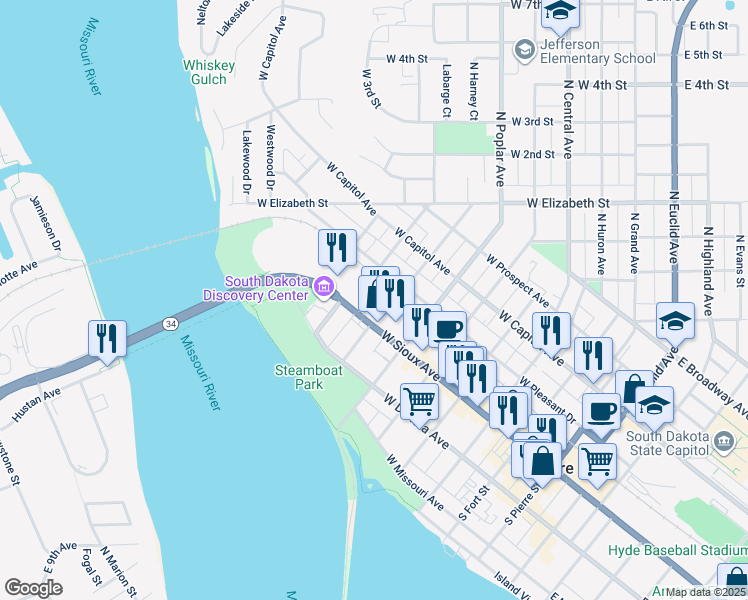 map of restaurants, bars, coffee shops, grocery stores, and more near 806 West Sioux Avenue in Pierre