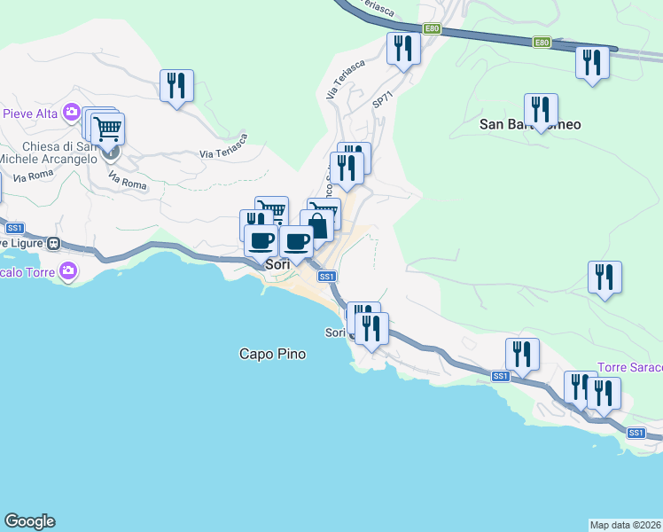 map of restaurants, bars, coffee shops, grocery stores, and more near 2-5 Via Genova in Sori