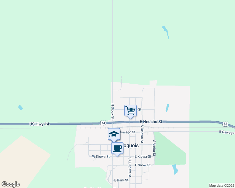 map of restaurants, bars, coffee shops, grocery stores, and more near 129 East Huron Street in Iroquois