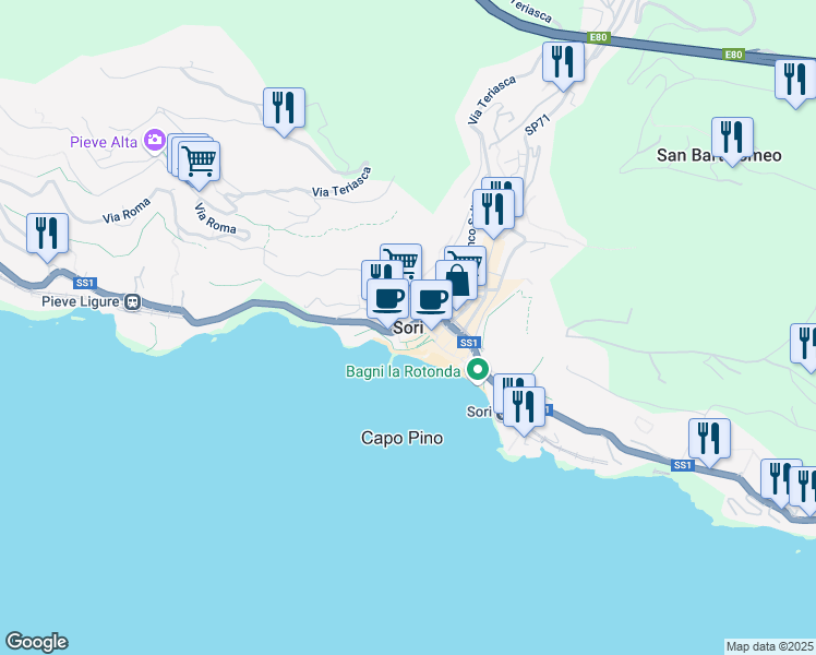 map of restaurants, bars, coffee shops, grocery stores, and more near 21 Via Sant'Erasmo in Sori