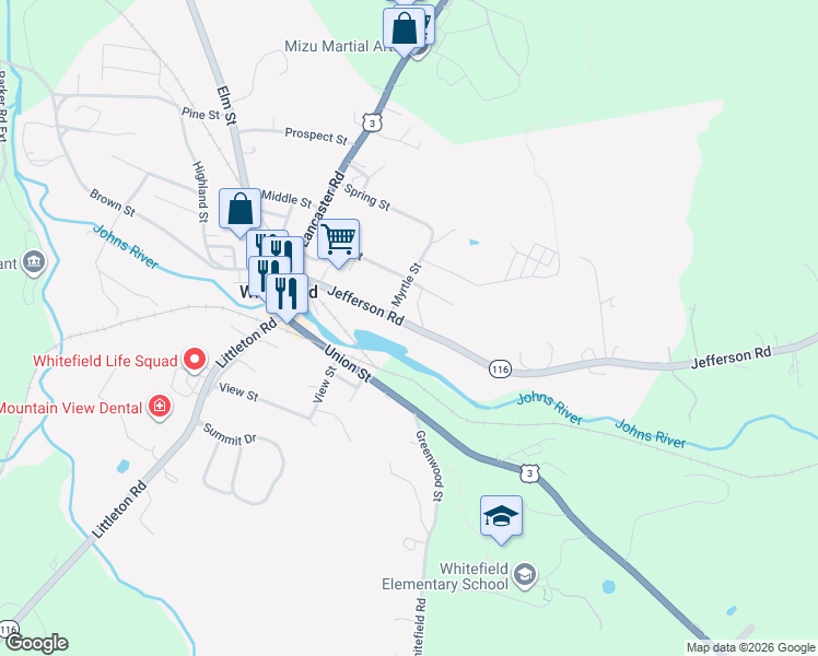 map of restaurants, bars, coffee shops, grocery stores, and more near 52 Jefferson Road in Whitefield