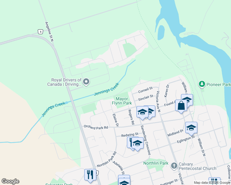 map of restaurants, bars, coffee shops, grocery stores, and more near in Lindsay