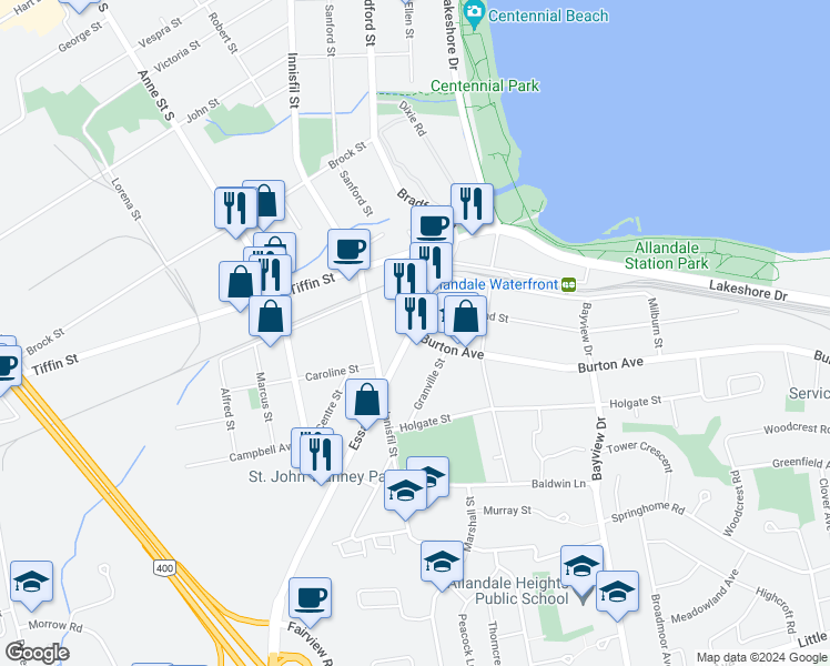 map of restaurants, bars, coffee shops, grocery stores, and more near Essa Rd & Burton Ave in Barrie