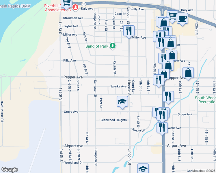 map of restaurants, bars, coffee shops, grocery stores, and more near 452 Sparks Avenue in Wisconsin Rapids
