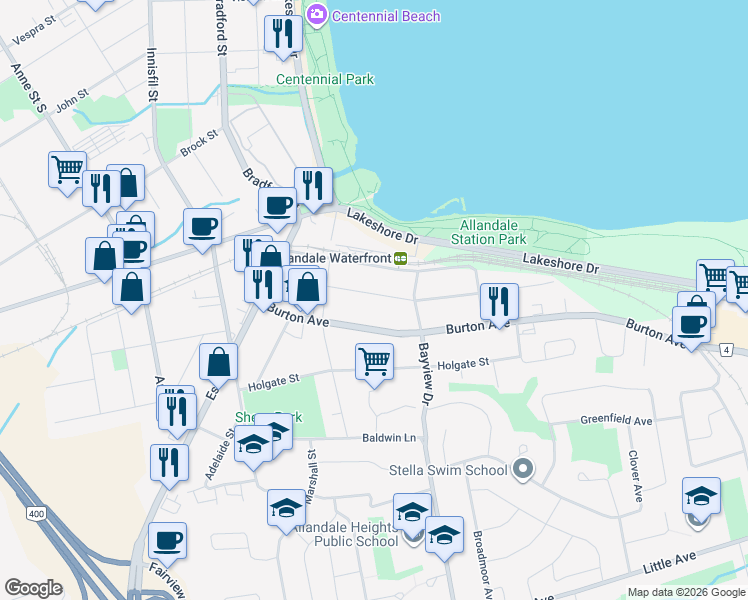 map of restaurants, bars, coffee shops, grocery stores, and more near 64 Cumberland Street in Barrie
