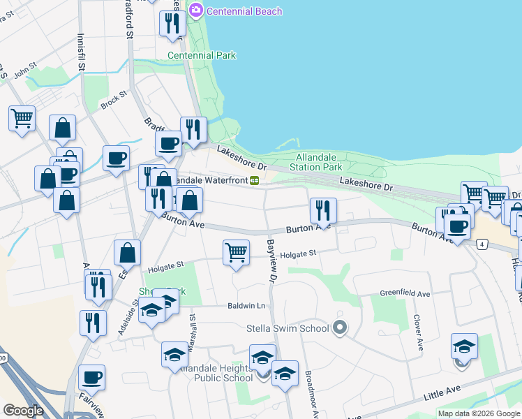 map of restaurants, bars, coffee shops, grocery stores, and more near Cumberland Street in Barrie
