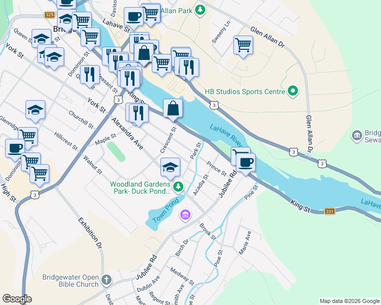 map of restaurants, bars, coffee shops, grocery stores, and more near 100 Prince Street in Bridgewater