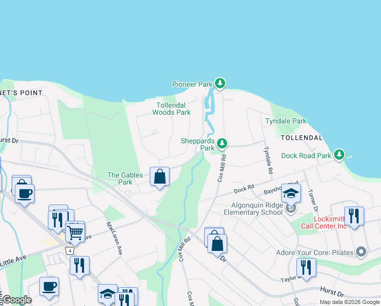 map of restaurants, bars, coffee shops, grocery stores, and more near 68 Royal Oak Drive in Barrie