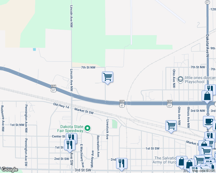 map of restaurants, bars, coffee shops, grocery stores, and more near 400 Arizona Avenue Northwest in Huron