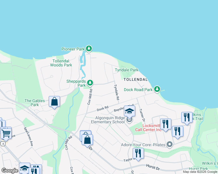map of restaurants, bars, coffee shops, grocery stores, and more near 391 Tollendal Mill Road in Barrie