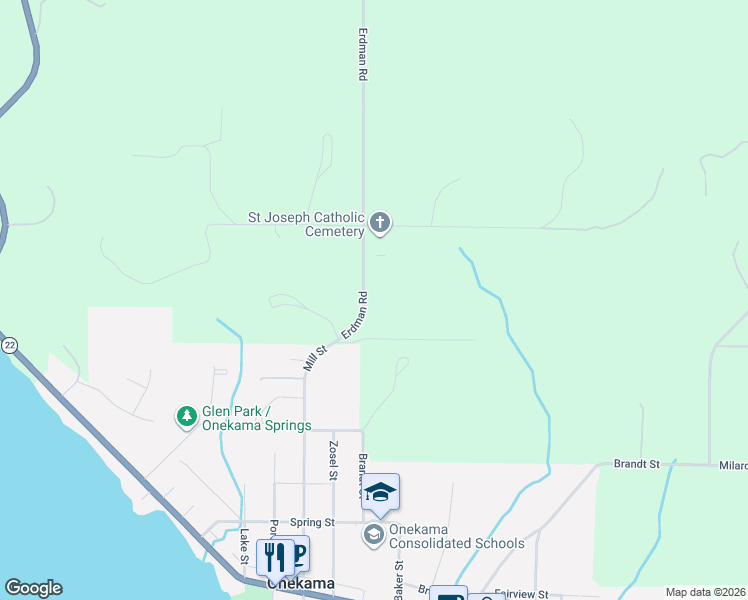 map of restaurants, bars, coffee shops, grocery stores, and more near 8859-9025 Erdman Road in Onekama